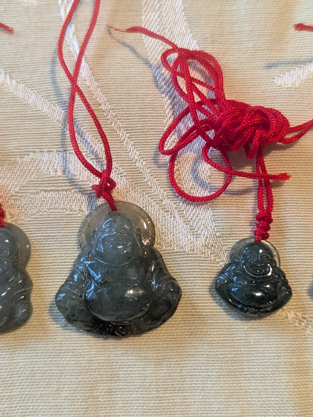 VINTAGE Dark Green Jade Laughing Buddha Pendants with Red Cord (4)